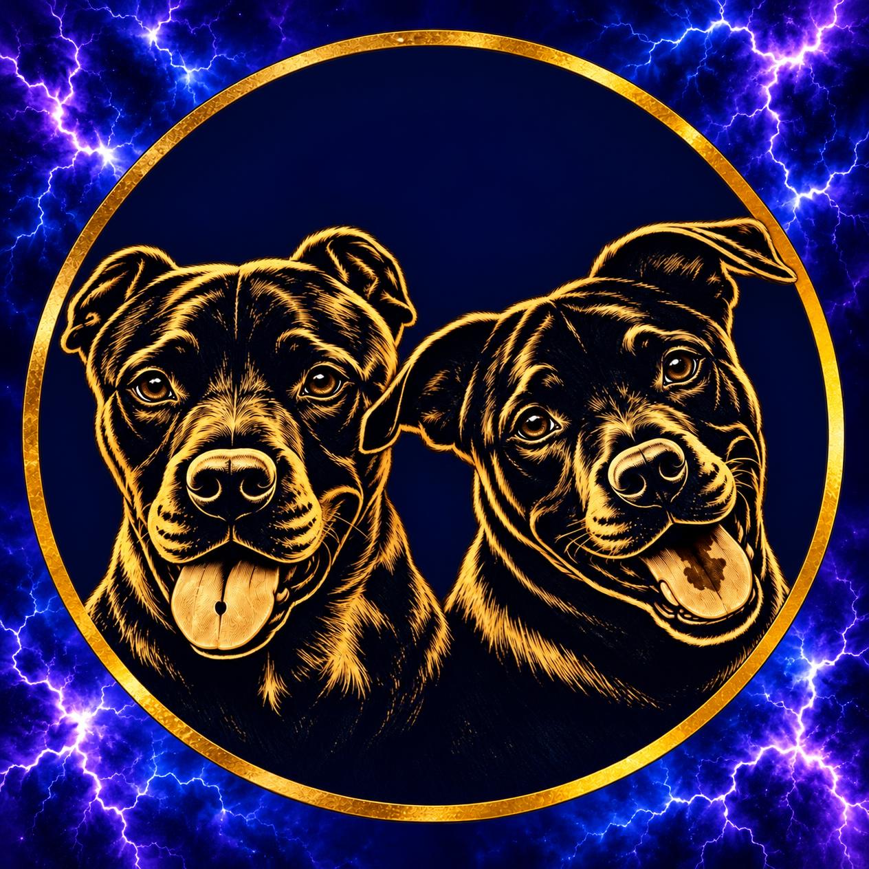 Gold line illustration of Luna and Capone inside a gold circle